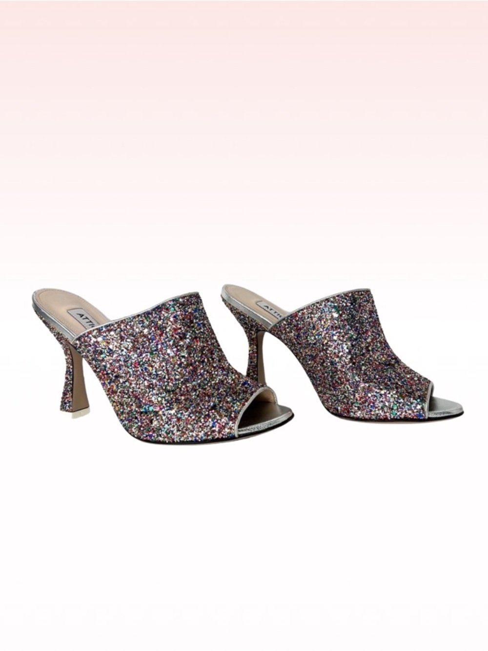 New ATTICO Pamela Multicolor Glitter Mule Heeled Silver Sandals (Sz 38.5)